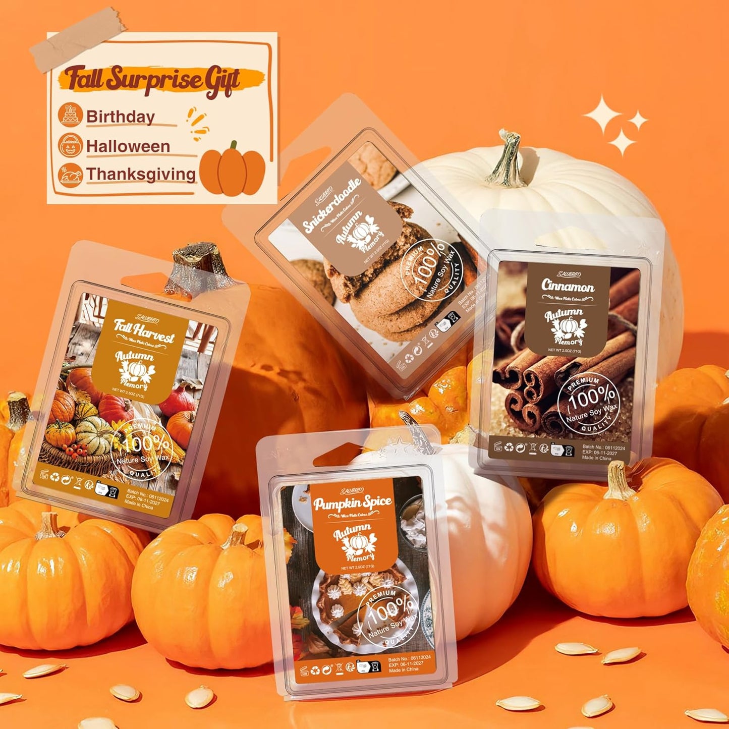 Autumn Wax Melts, Natural & Long Lasting, Soy Wax Set, Aroma Wax Cubes for Halloween, Birthday, Thanksgiving
