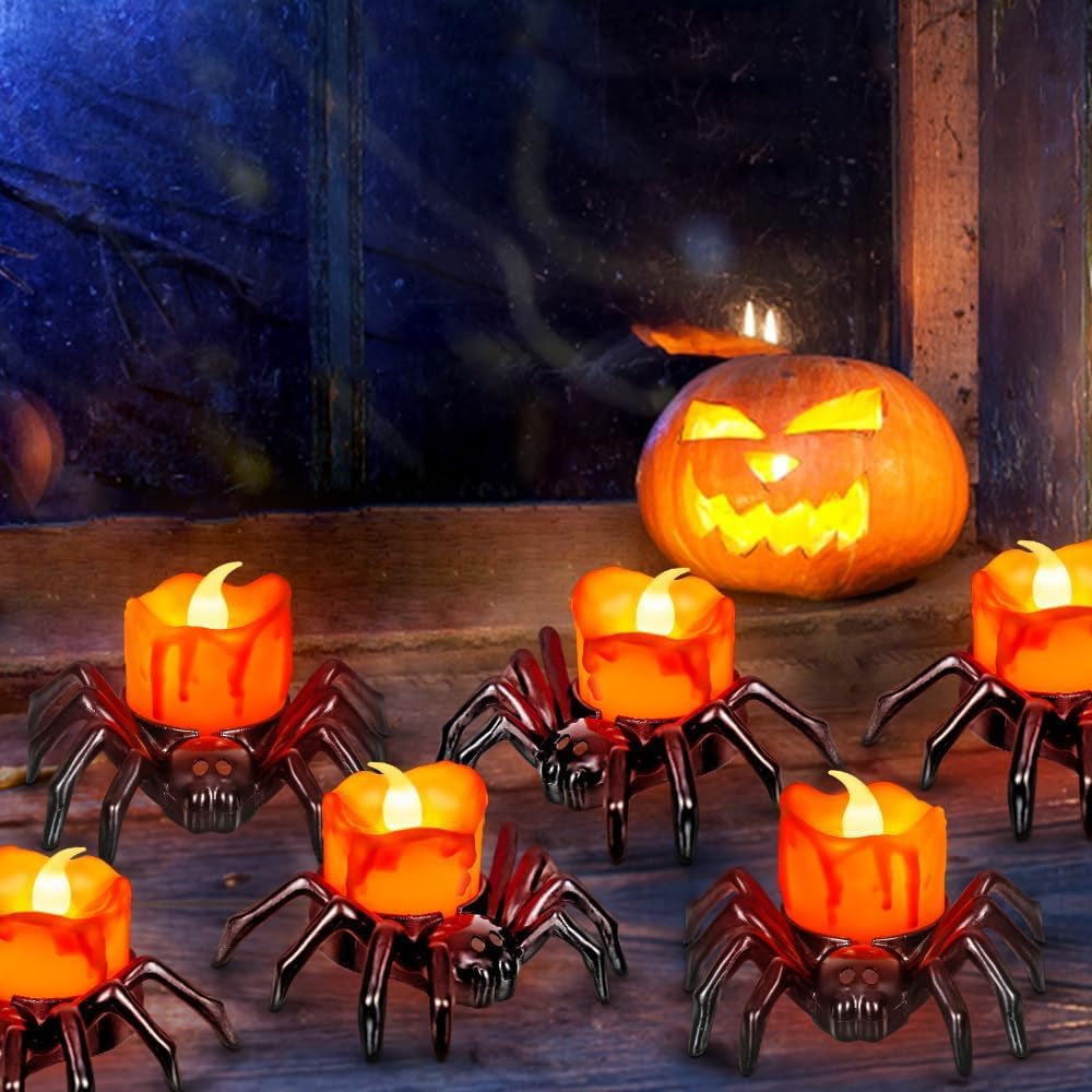 Halloween Flameless LED Tea Lights Spider Candle Tealights Decorations, Battery Operated