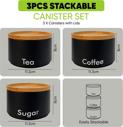 3 Tea Coffee Sugar Canister Set, Decorative Kitchen Food Storage Tin and Organisation Pantry Cupboard Organiser Stackable Containers with Bamboo Lids