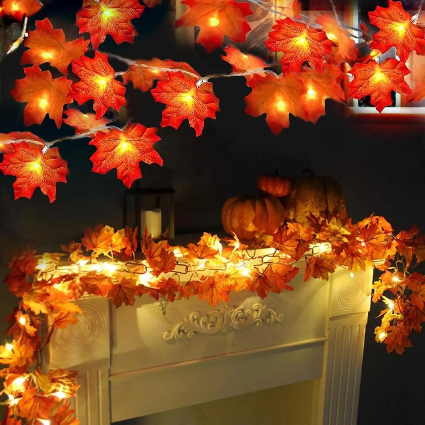Halloween Fall Decor Enlarged Maple Leaf Garland Lights, Battery Operated Waterproof Cozy Autumn Decor for Indoor Outdoor Halloween Thanksgiving Harvest Party Home