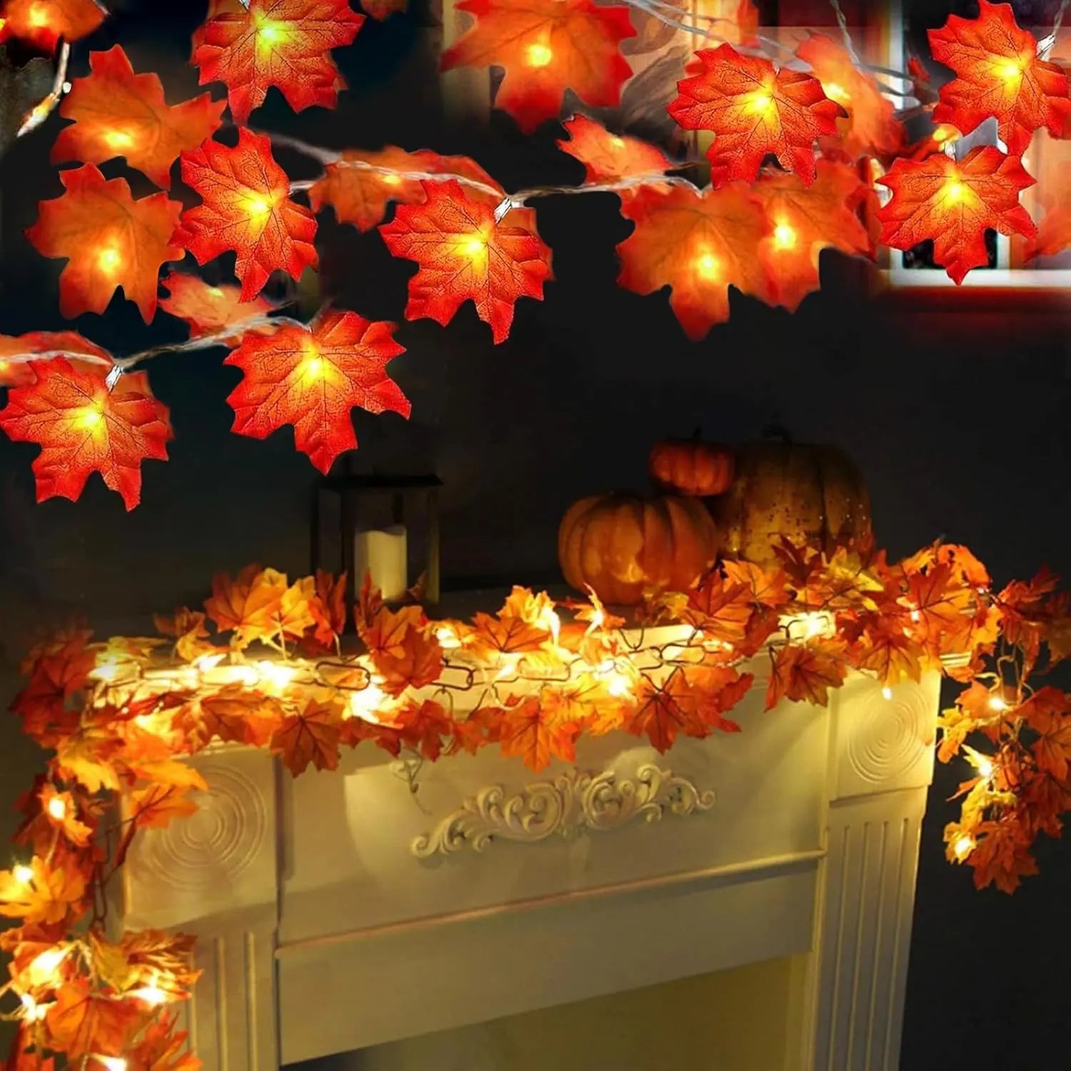Halloween Fall Decor Enlarged Maple Leaf Garland Lights, Battery Operated Waterproof Cozy Autumn Decor for Indoor Outdoor Halloween Thanksgiving Harvest Party Home