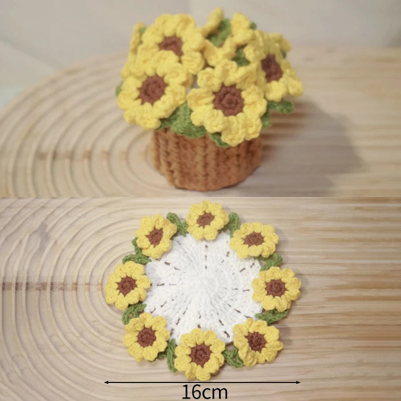 Crochet Flower Coaster Hand-Knitted Lily of the Valley round Coasters Heat Insulation Non-Slip Table Mats Home Kitchen Decor