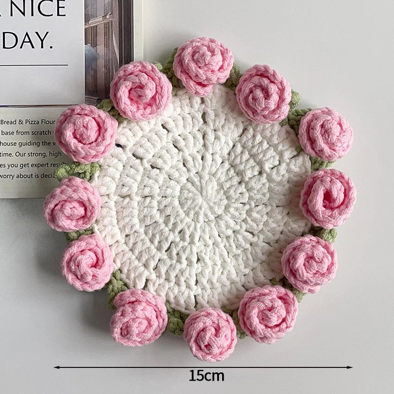 Crochet Flower Coaster Hand-Knitted Lily of the Valley round Coasters Heat Insulation Non-Slip Table Mats Home Kitchen Decor