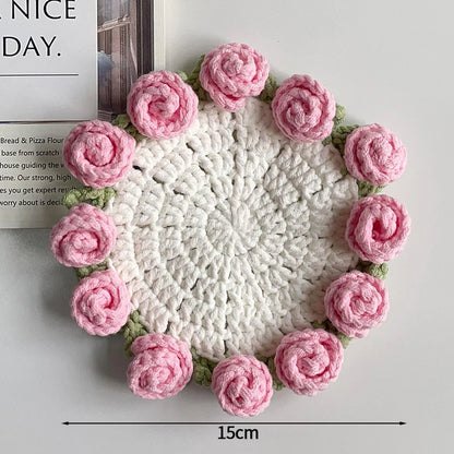 Crochet Flower Coaster Hand-Knitted Lily of the Valley round Coasters Heat Insulation Non-Slip Table Mats Home Kitchen Decor