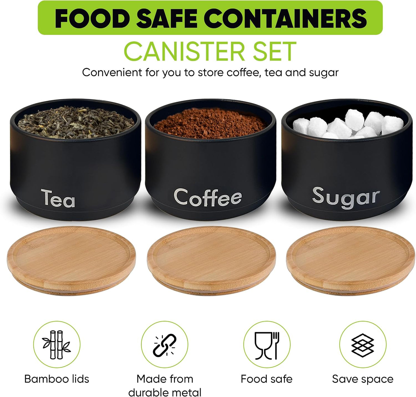 3 Tea Coffee Sugar Canister Set, Decorative Kitchen Food Storage Tin and Organisation Pantry Cupboard Organiser Stackable Containers with Bamboo Lids