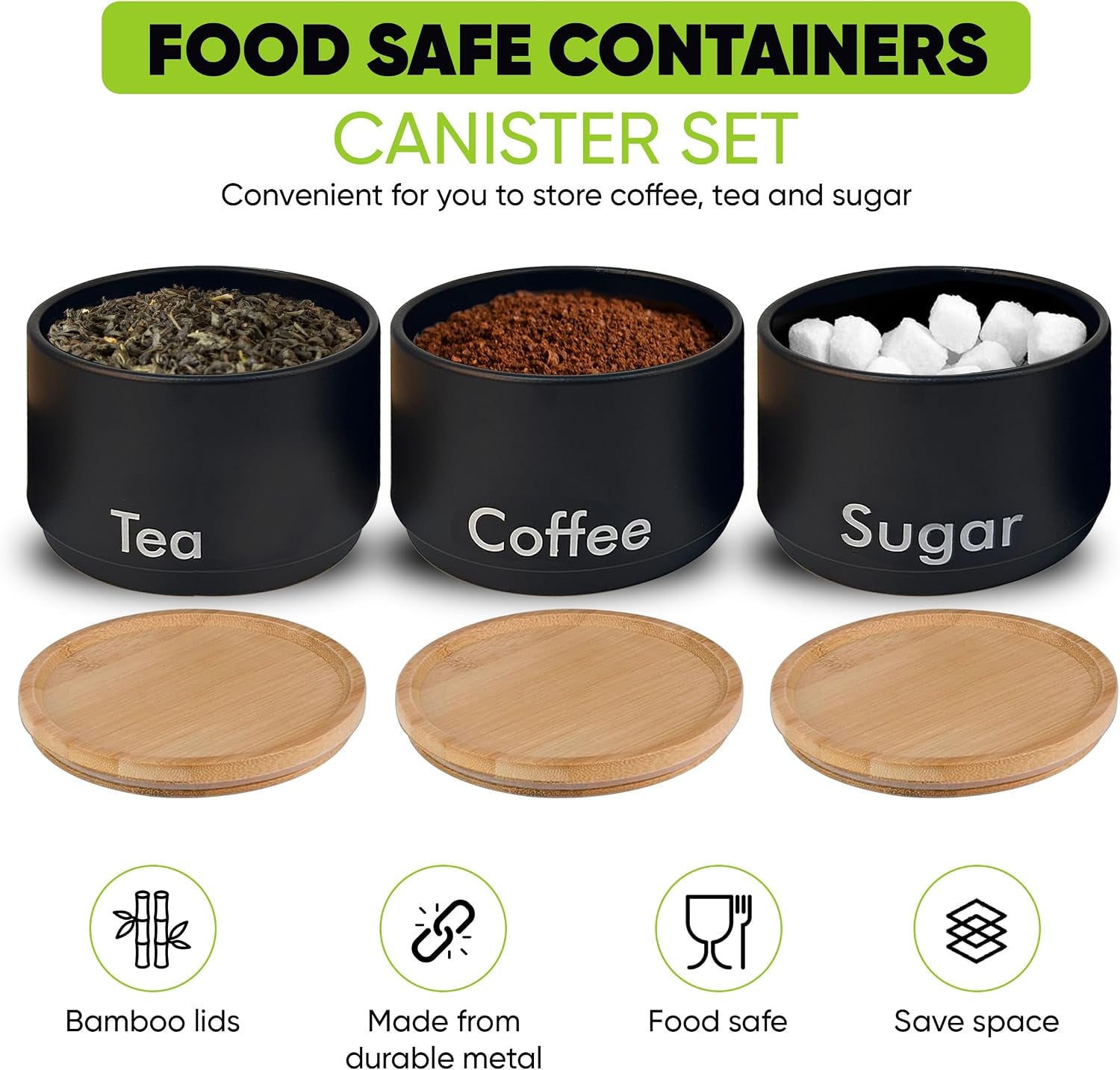 3 Tea Coffee Sugar Canister Set, Decorative Kitchen Food Storage Tin and Organisation Pantry Cupboard Organiser Stackable Containers with Bamboo Lids