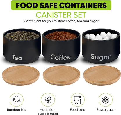 3 Tea Coffee Sugar Canister Set, Decorative Kitchen Food Storage Tin and Organisation Pantry Cupboard Organiser Stackable Containers with Bamboo Lids