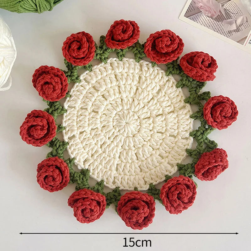 Crochet Flower Coaster Hand-Knitted Lily of the Valley round Coasters Heat Insulation Non-Slip Table Mats Home Kitchen Decor