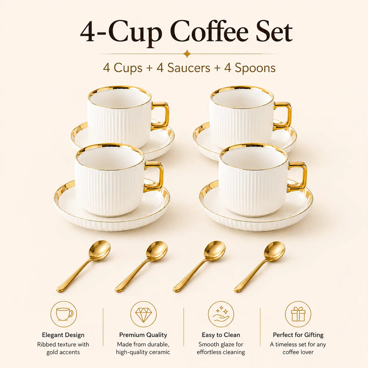 Luxury Ceramic 6-Piece Coffee Cup & Saucer Set with Gold Rack for Elegant Home & Afternoon Tea