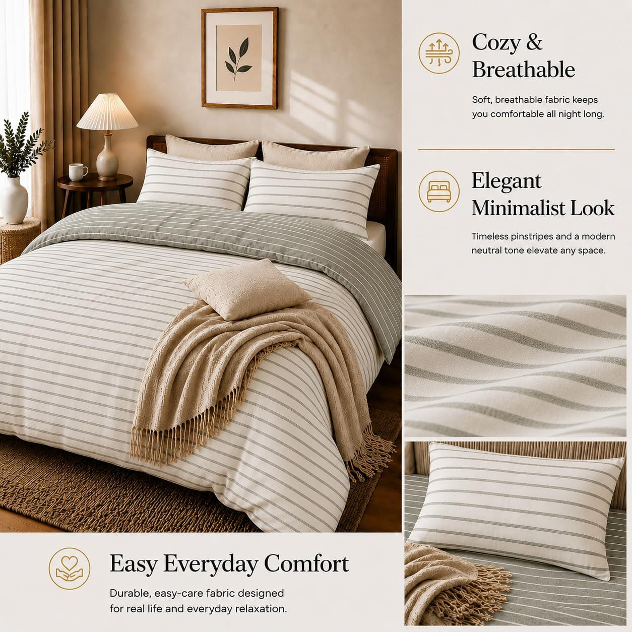 Stripe Double Duvet Set Premium Microfiber Duvet Cover Double Ultrasoft Hypoallergenic Reversible Double Duvet Cover with Zipper Closure