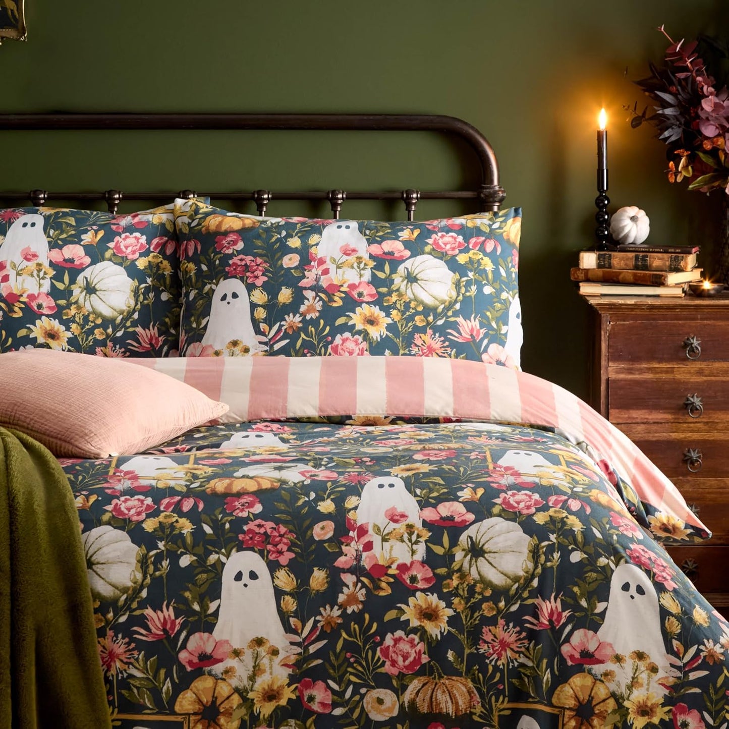 Cute Halloween Duvet Cover Set - Single Autumnal Floral Ghost Striped Halloween Polycotton Bedding