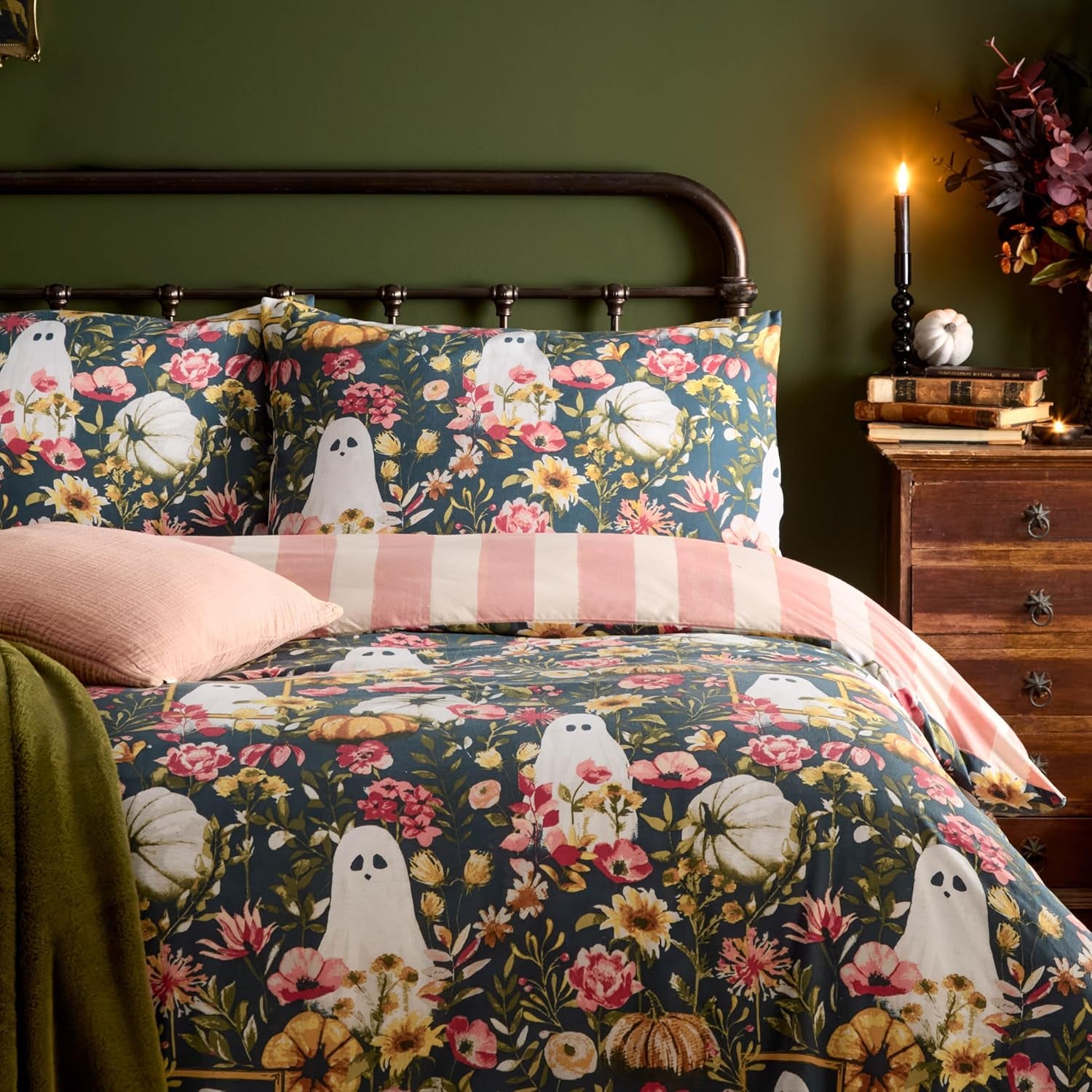 Cute Halloween Duvet Cover Set - Single Autumnal Floral Ghost Striped Halloween Polycotton Bedding