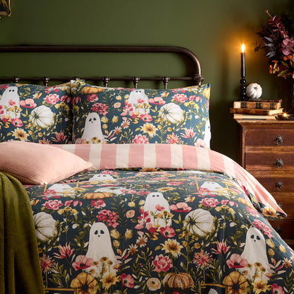 Cute Halloween Duvet Cover Set - Single Autumnal Floral Ghost Striped Halloween Polycotton Bedding