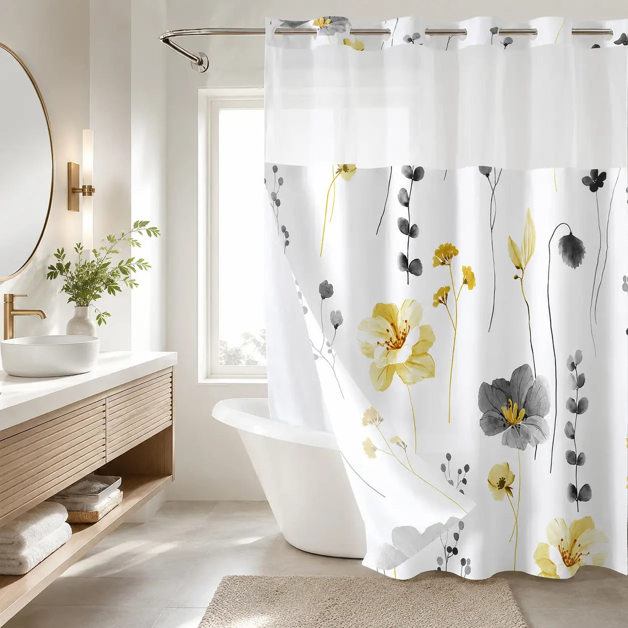 Floral Double Layer Shower Curtain, Hookless Installation, Waterproof Bathroom Decor Curtain