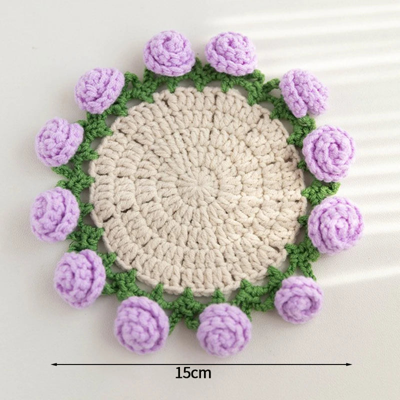 Crochet Flower Coaster Hand-Knitted Lily of the Valley round Coasters Heat Insulation Non-Slip Table Mats Home Kitchen Decor