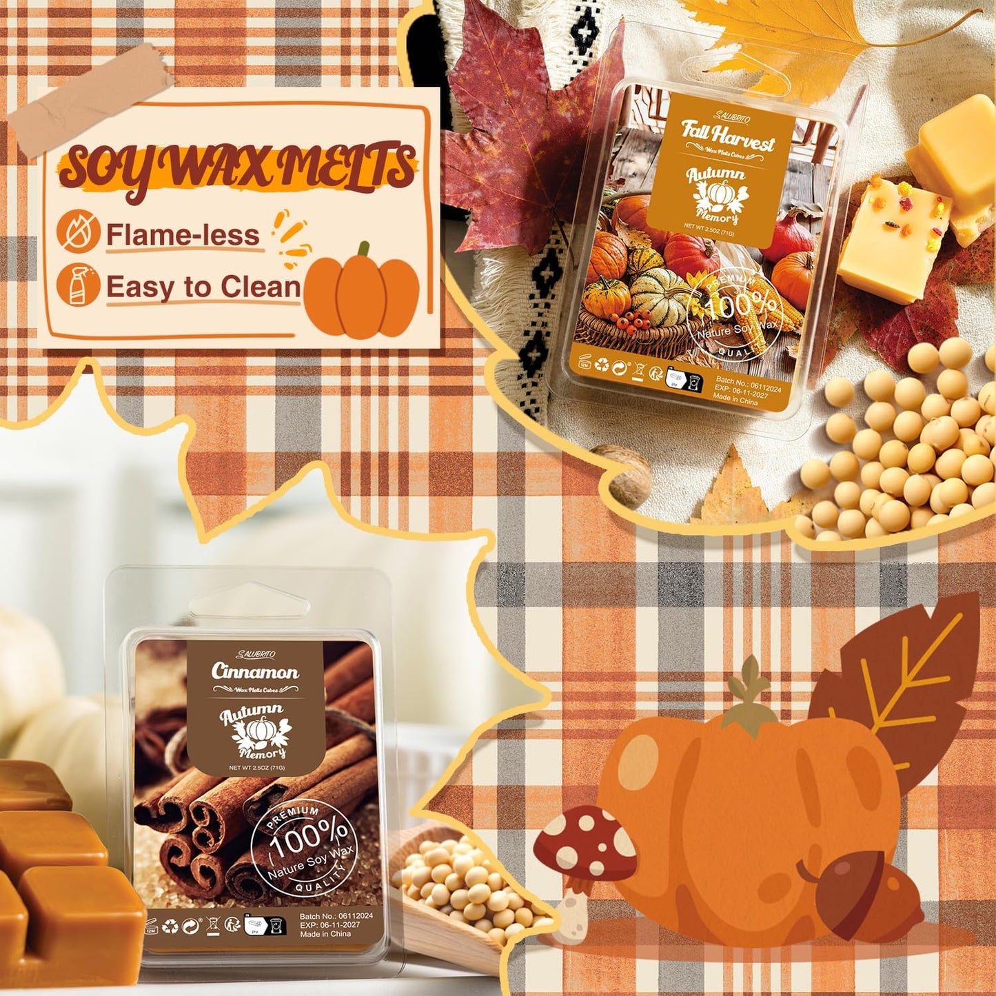Autumn Wax Melts, Natural & Long Lasting, Soy Wax Set, Aroma Wax Cubes for Halloween, Birthday, Thanksgiving