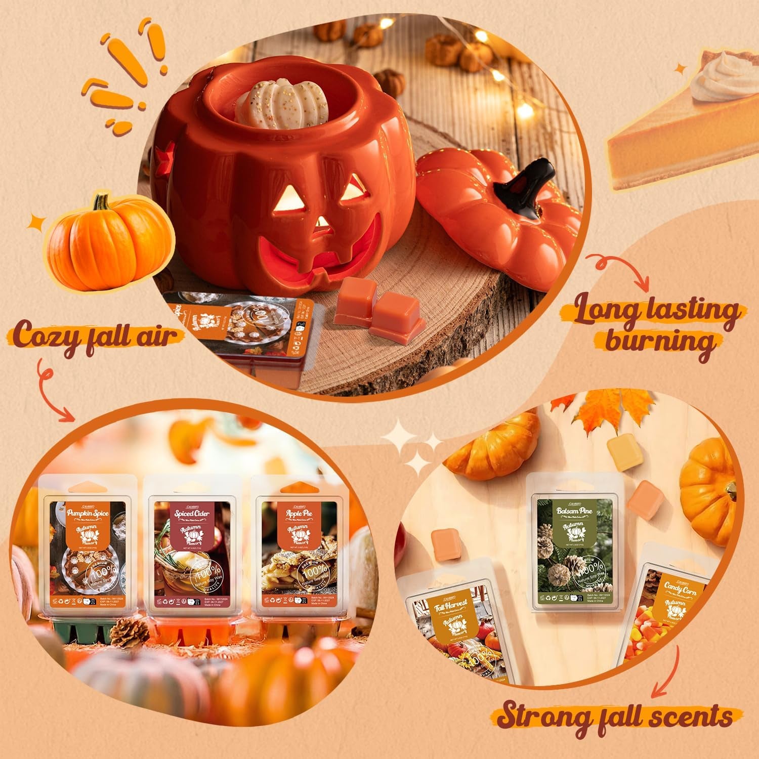 Autumn Wax Melts, Natural & Long Lasting, Soy Wax Set, Aroma Wax Cubes for Halloween, Birthday, Thanksgiving