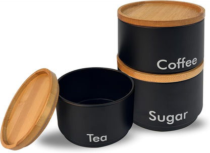 3 Tea Coffee Sugar Canister Set, Decorative Kitchen Food Storage Tin and Organisation Pantry Cupboard Organiser Stackable Containers with Bamboo Lids