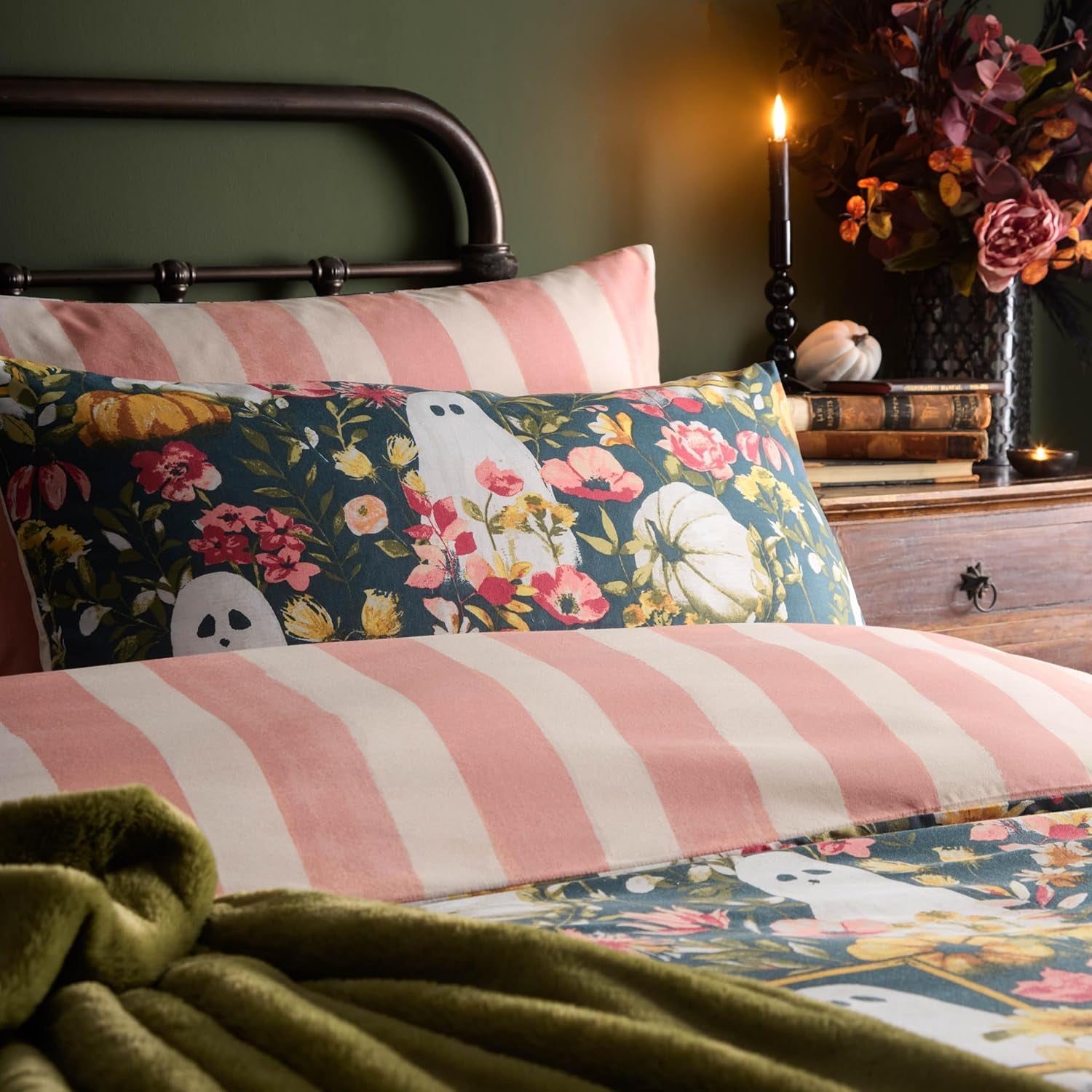 Cute Halloween Duvet Cover Set - Single Autumnal Floral Ghost Striped Halloween Polycotton Bedding