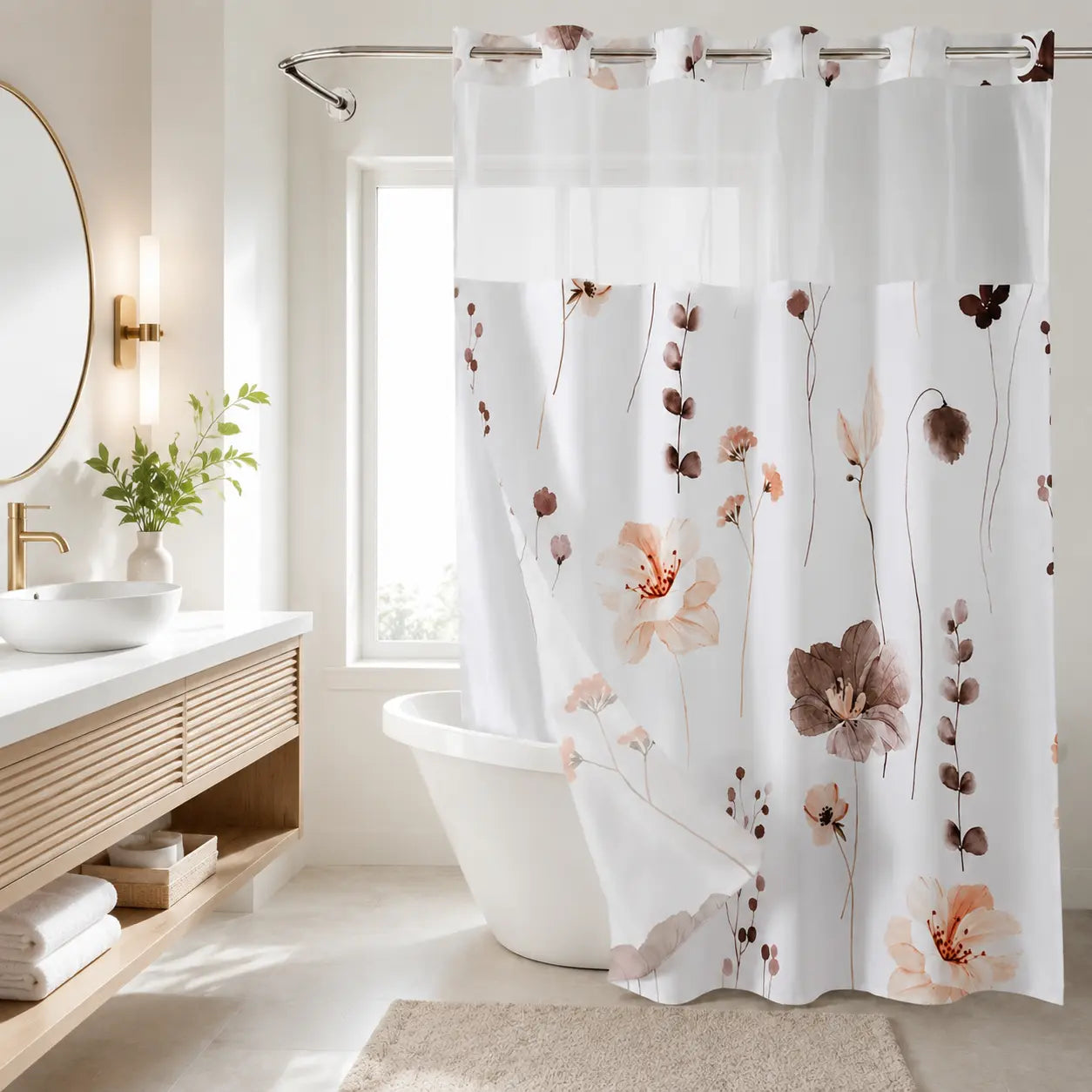 Floral Double Layer Shower Curtain, Hookless Installation, Waterproof Bathroom Decor Curtain