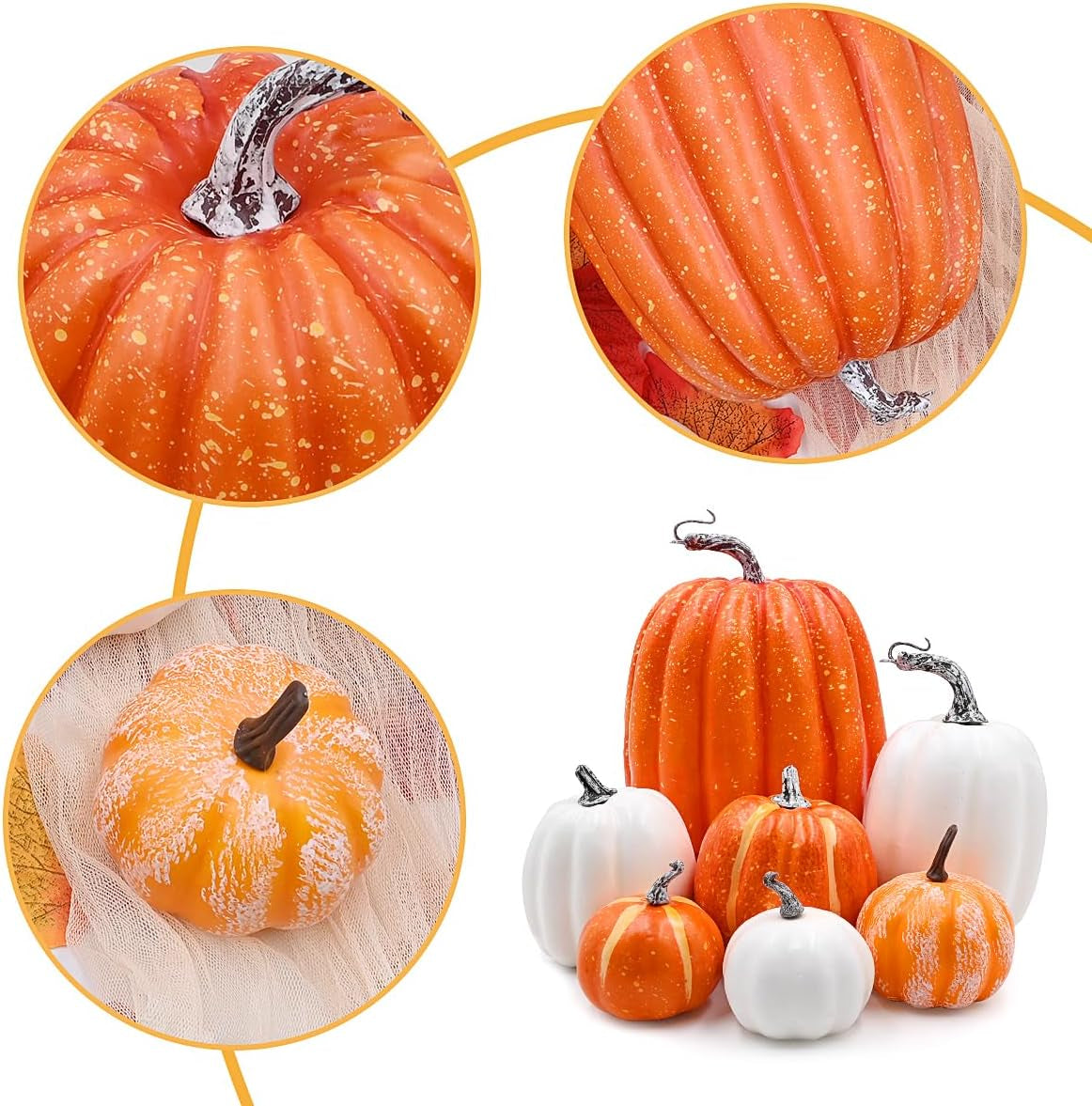 7Pcs Orange and White Artificial Pumpkins,Autumn Decoration Fake Pumpkins for Thanksgiving Halloween Decorations