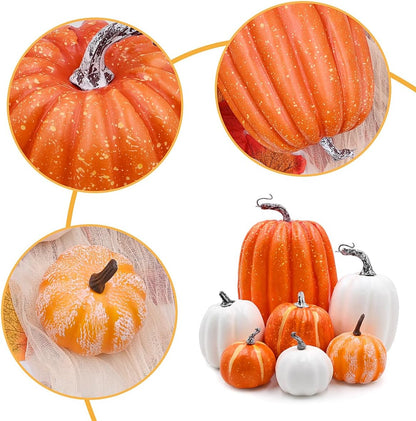 7Pcs Orange and White Artificial Pumpkins,Autumn Decoration Fake Pumpkins for Thanksgiving Halloween Decorations