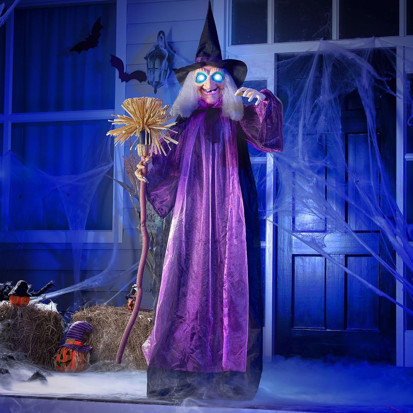 Halloween Animatronic Life Size Witch with Light-Up Eyes, Moving Arms & Head (Sound Activated) for Halloween Haunted House Prop Outdoor/Indoor Lawn Decorations
