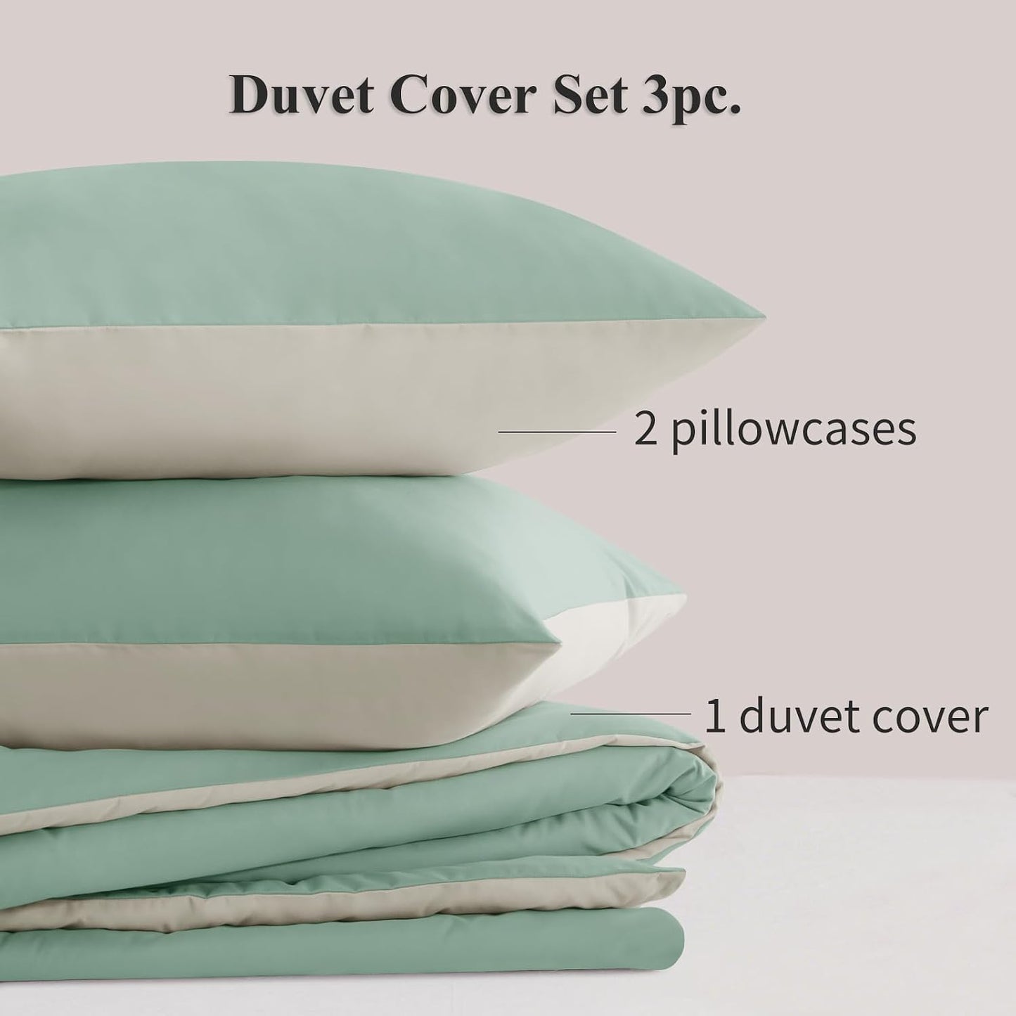 Sage Green King Size Duvet Cover Sets Beige - Reversible Green Duvet Cover Kingsize Bedding Set with Zip, Soft Brushed Microfibre King Bed Duvet Set Quilt Cover with 2 Pillowcases