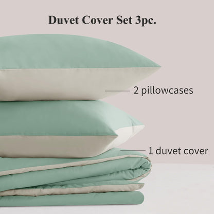 Sage Green King Size Duvet Cover Sets Beige - Reversible Green Duvet Cover Kingsize Bedding Set with Zip, Soft Brushed Microfibre King Bed Duvet Set Quilt Cover with 2 Pillowcases