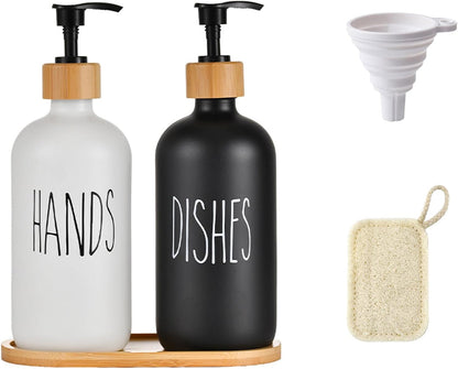 Glass Soap Dispenser Set for Hand and Dish Soap with Wooden Tray Includes Silicone Funnel & Dish Loofah for Kitchen Essentials