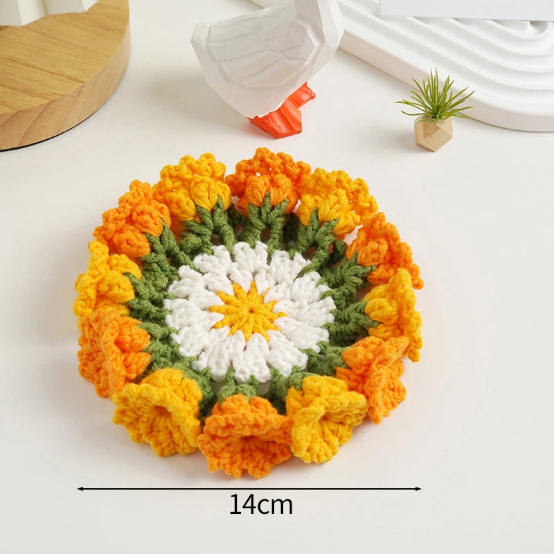 Crochet Flower Coaster Hand-Knitted Lily of the Valley round Coasters Heat Insulation Non-Slip Table Mats Home Kitchen Decor