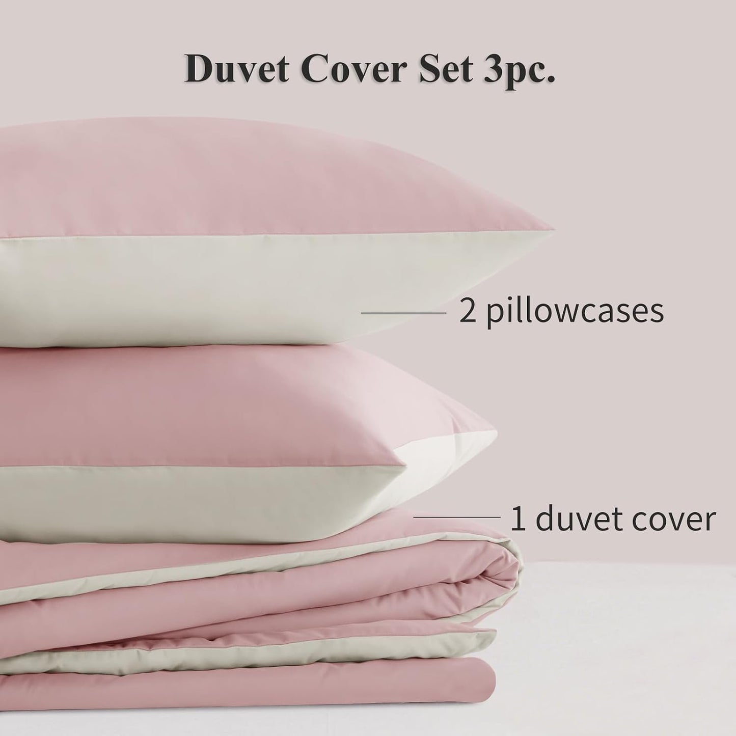 Rose Pink King Size Duvet Cover Sets Beige - Reversible Pink Duvet Cover Kingsize Bedding Set with Zip, Soft Brushed Microfibre King Bed Duvet Set Quilt Cover with 2 Pillowcases