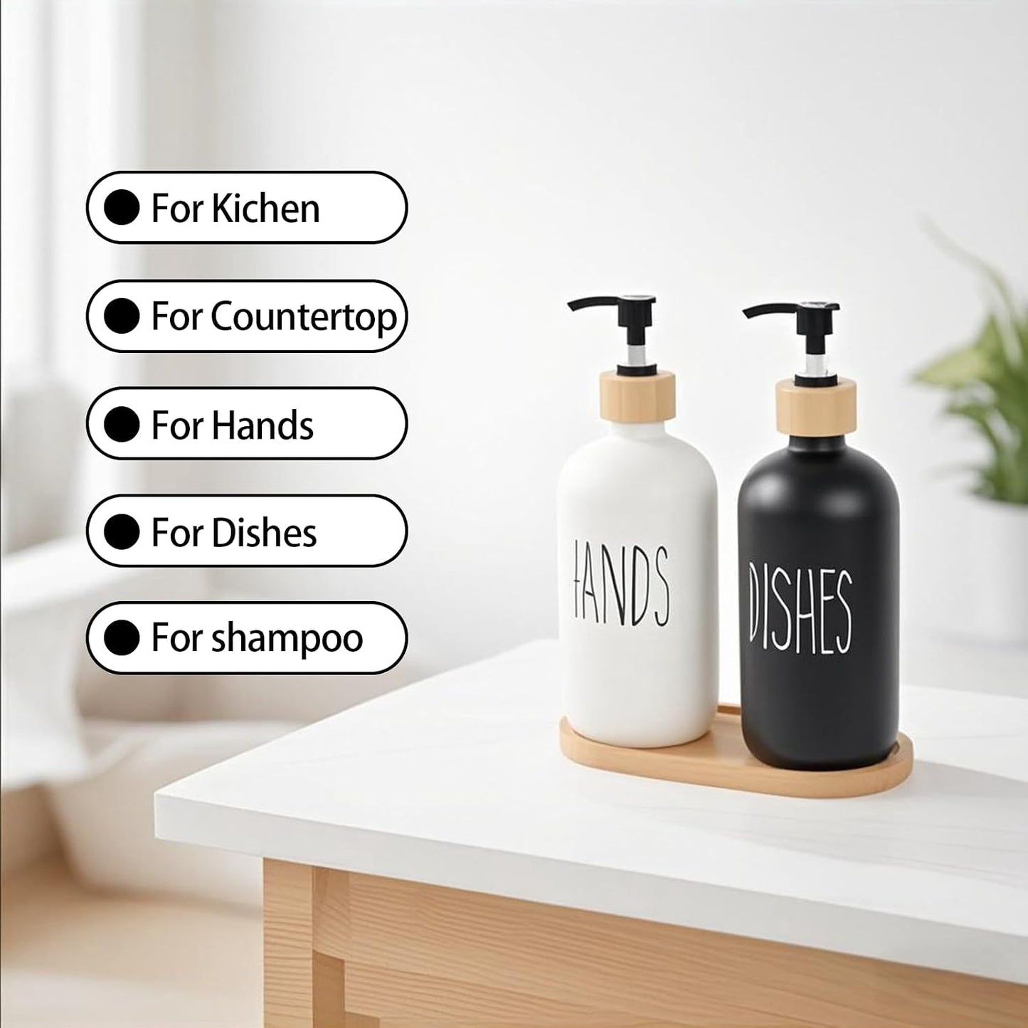 Glass Soap Dispenser Set for Hand and Dish Soap with Wooden Tray Includes Silicone Funnel & Dish Loofah for Kitchen Essentials