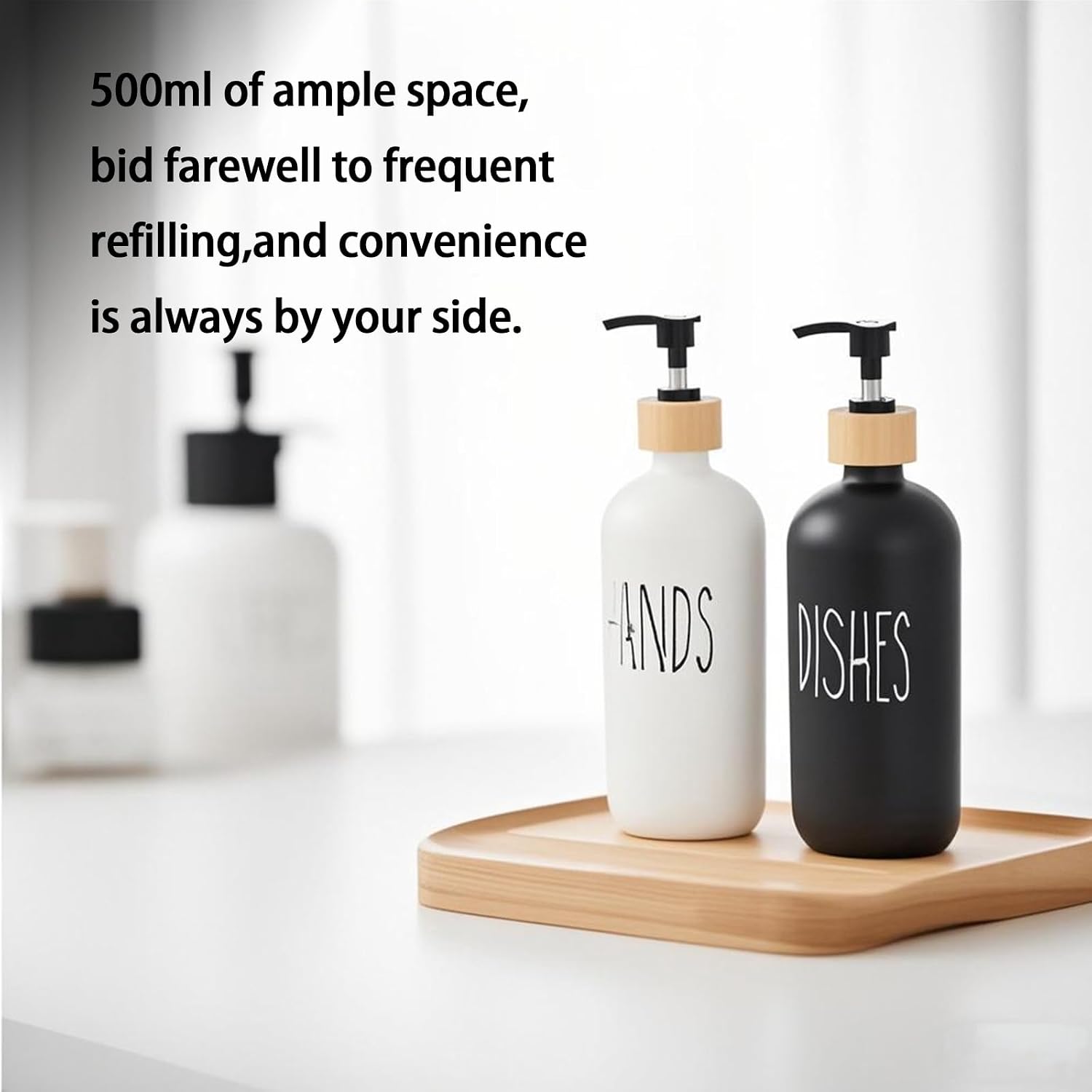Glass Soap Dispenser Set for Hand and Dish Soap with Wooden Tray Includes Silicone Funnel & Dish Loofah for Kitchen Essentials