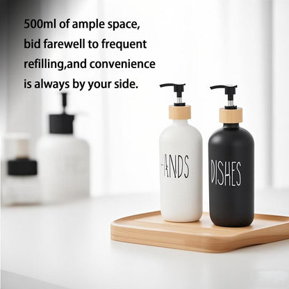 Glass Soap Dispenser Set for Hand and Dish Soap with Wooden Tray Includes Silicone Funnel & Dish Loofah for Kitchen Essentials