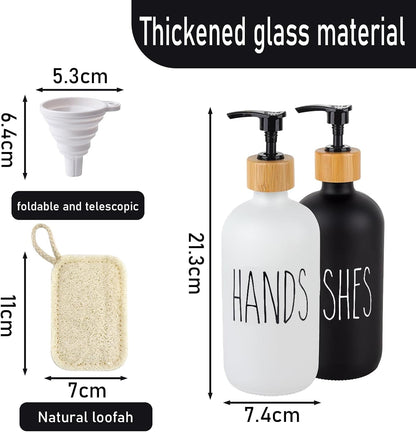 Glass Soap Dispenser Set for Hand and Dish Soap with Wooden Tray Includes Silicone Funnel & Dish Loofah for Kitchen Essentials