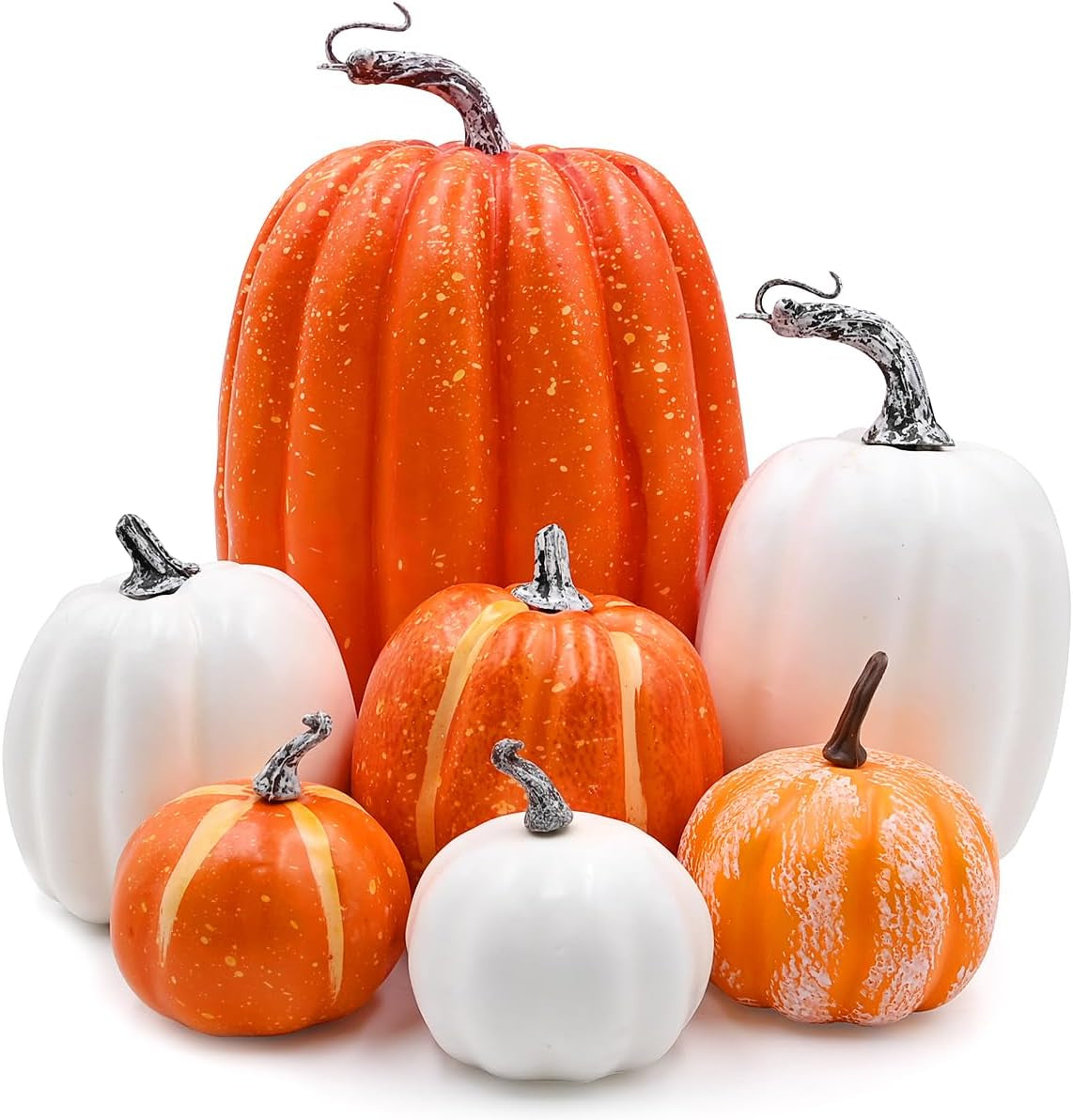 7Pcs Orange and White Artificial Pumpkins,Autumn Decoration Fake Pumpkins for Thanksgiving Halloween Decorations