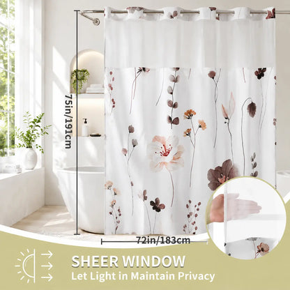Floral Double Layer Shower Curtain, Hookless Installation, Waterproof Bathroom Decor Curtain