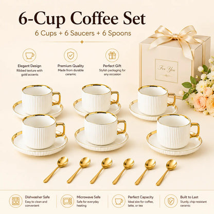Luxury Ceramic 6-Piece Coffee Cup & Saucer Set with Gold Rack for Elegant Home & Afternoon Tea