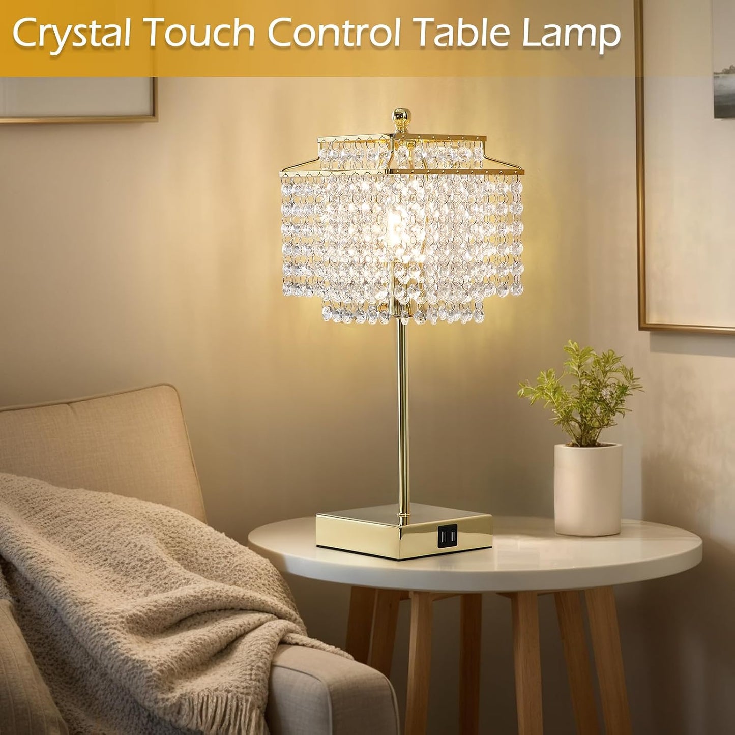 Crystal Table Lamp with USB C+A Ports for Nightstand Bedroom Living 