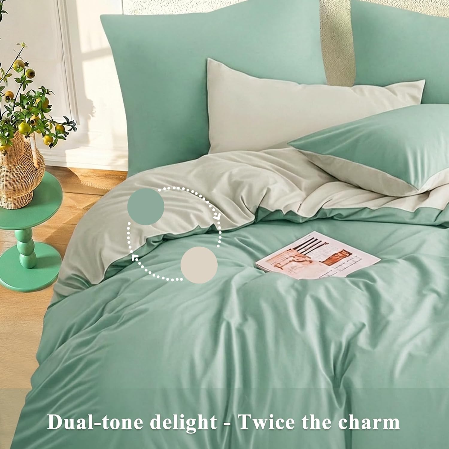 Sage Green King Size Duvet Cover Sets Beige - Reversible Green Duvet Cover Kingsize Bedding Set with Zip, Soft Brushed Microfibre King Bed Duvet Set Quilt Cover with 2 Pillowcases