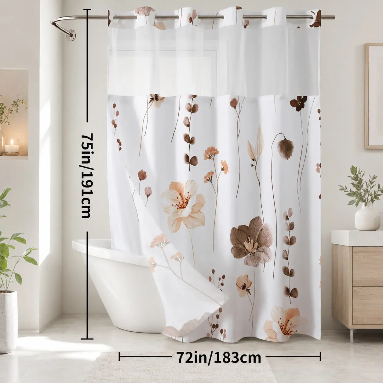 Floral Double Layer Shower Curtain, Hookless Installation, Waterproof Bathroom Decor Curtain