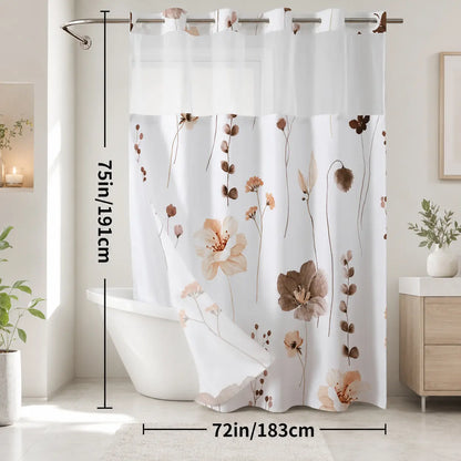 Floral Double Layer Shower Curtain, Hookless Installation, Waterproof Bathroom Decor Curtain