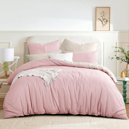 Rose Pink King Size Duvet Cover Sets Beige - Reversible Pink Duvet Cover Kingsize Bedding Set with Zip, Soft Brushed Microfibre King Bed Duvet Set Quilt Cover with 2 Pillowcases