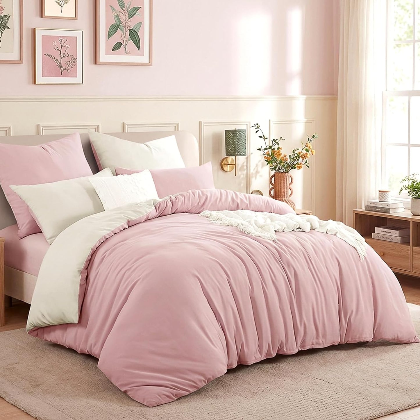 Rose Pink King Size Duvet Cover Sets Beige - Reversible Pink Duvet Cover Kingsize Bedding Set with Zip, Soft Brushed Microfibre King Bed Duvet Set Quilt Cover with 2 Pillowcases