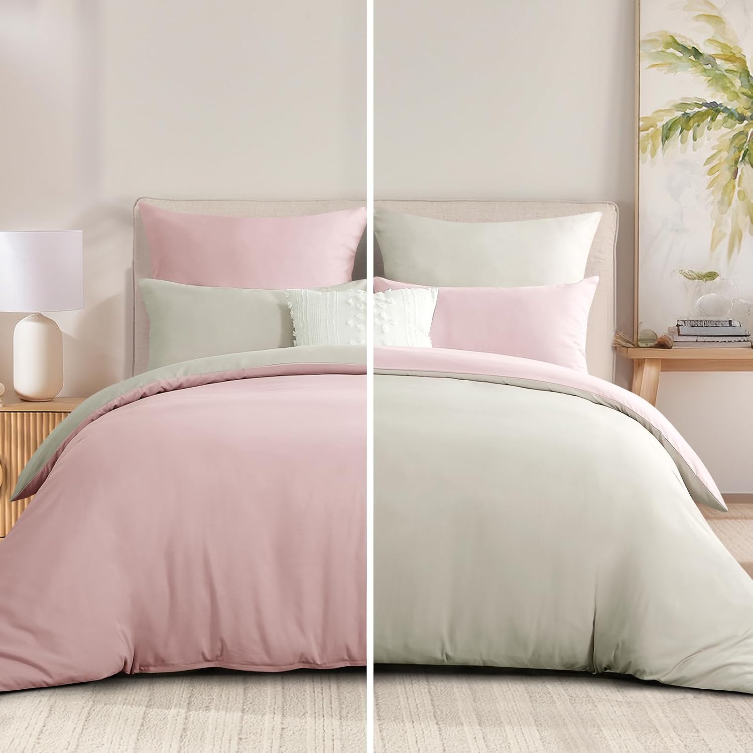 Rose Pink King Size Duvet Cover Sets Beige - Reversible Pink Duvet Cover Kingsize Bedding Set with Zip, Soft Brushed Microfibre King Bed Duvet Set Quilt Cover with 2 Pillowcases