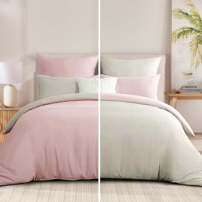 Rose Pink King Size Duvet Cover Sets Beige - Reversible Pink Duvet Cover Kingsize Bedding Set with Zip, Soft Brushed Microfibre King Bed Duvet Set Quilt Cover with 2 Pillowcases