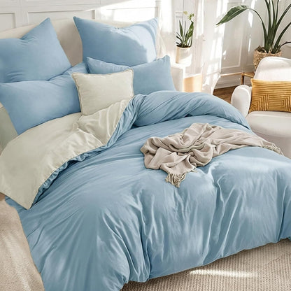 Blue King Size Duvet Cover Sets Beige - Reversible Baby Blue Duvet Cover Kingsize Bedding Set with Zip, Soft Brushed Microfibre King Bed Duvet Set Quilt Cover with 2 Pillowcases