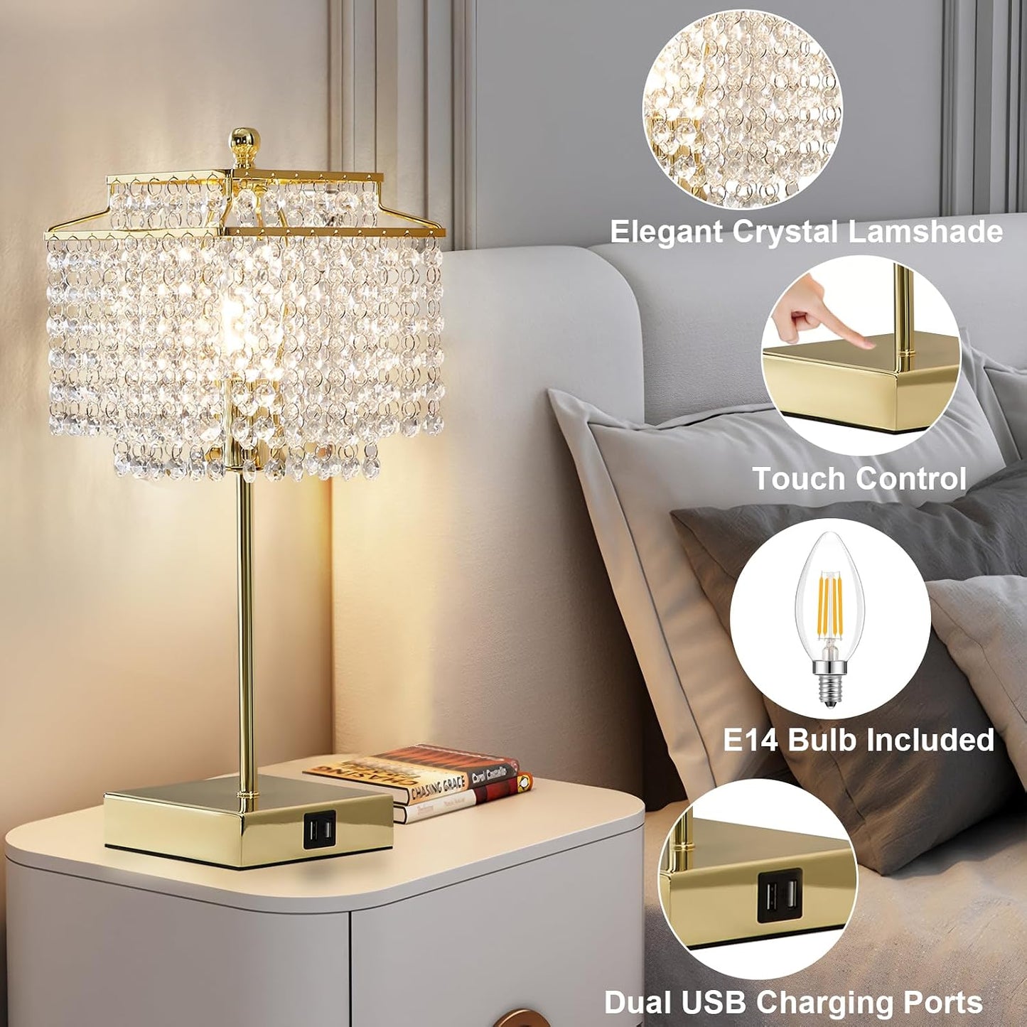Crystal Table Lamp with USB C+A Ports for Nightstand Bedroom Living 
