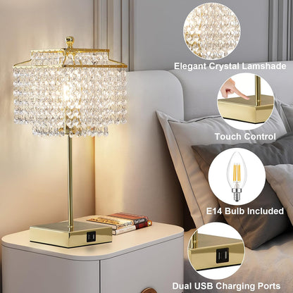 Crystal Table Lamp with USB C+A Ports for Nightstand Bedroom Living 